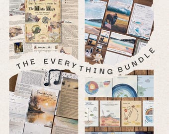 May include: A collection of educational materials, including a book titled "Time Travellers' Guide to The Middle Ages," notebooks, and informational sheets. The text "The Everything Bundle" is displayed. The items are arranged on a light-colored surface.