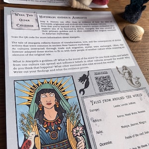 May include: A colorful educational worksheet for older children about the goddess Atargatis, a mermaid figure from Assyrian mythology. The worksheet includes a QR code, a drawing of Atargatis, and a list of mermaid tales from around the world.