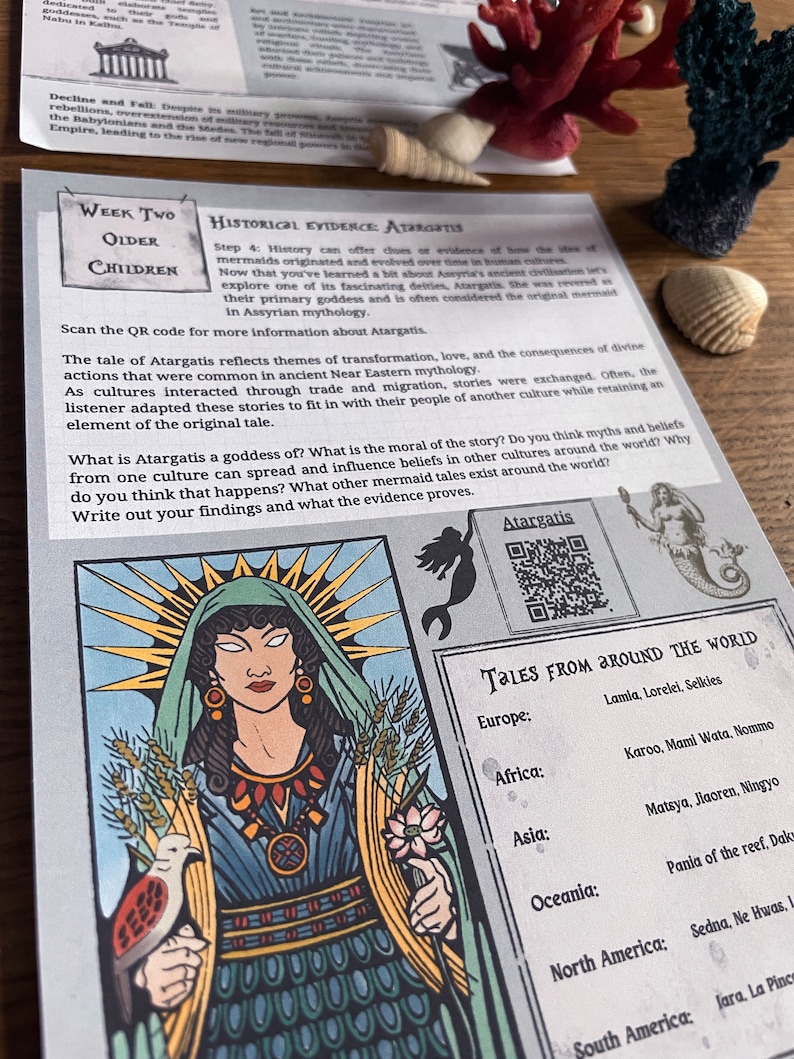 May include: A colorful educational worksheet for older children about the goddess Atargatis, a mermaid figure from Assyrian mythology. The worksheet includes a QR code, a drawing of Atargatis, and a list of mermaid tales from around the world.