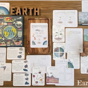 May include: A collection of educational cards and materials for learning about the Earth. The cards feature illustrations and text about the Earth's atmosphere, layers, rocks, and other topics. The set also includes a book titled "The Wonderful Ecosystem of Planet Earth".