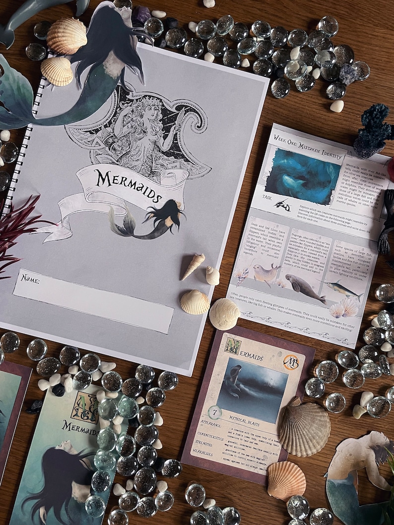May include: A mermaid-themed educational game with a workbook, cards, and mermaid cutouts. The workbook has a title that says "Mermaids" and a space for a name. The cards have a brown background with white text and illustrations of mermaids. The cutouts are black and white and have a mermaid design.