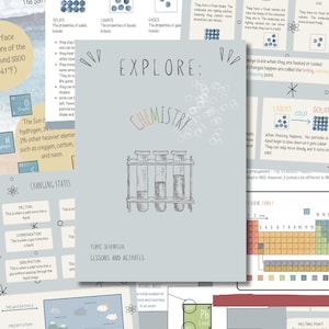 May include: A light blue educational document titled EXPLORE: CHEMISTRY featuring a hand-drawn illustration of three test tubes in a rack, with the word CHEMISTRY in multicolored letters and the text TOPIC SEVENTEEN LESSONS AND ACTIVITES.