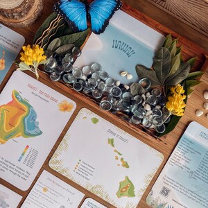 May include: A set of educational cards about Hawaii with colorful illustrations and text. The cards feature maps, information about the islands, and Hawaiian words. The cards are on a wooden table with glass beads, seashells, and a blue butterfly.