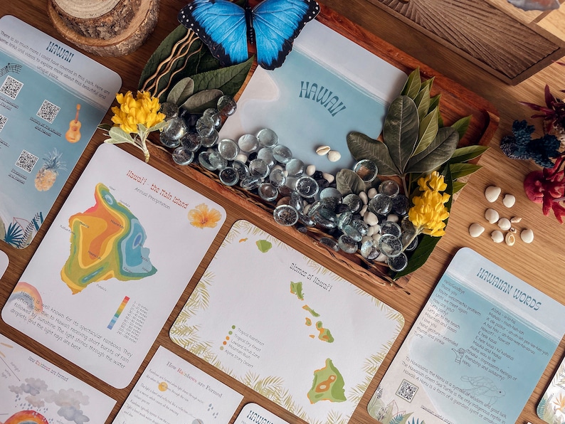 May include: A set of educational cards about Hawaii with colorful illustrations and text. The cards feature maps, information about the islands, and Hawaiian words. The cards are on a wooden table with glass beads, seashells, and a blue butterfly.