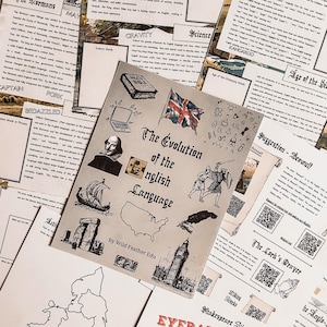 Puede incluir: Un primer plano de un póster educativo marrón y blanco titulado "The Evolution of the English Language" de Wild Feather Edu. El póster presenta ilustraciones de un barco, Stonehenge, los Estados Unidos, el Big Ben y un caballero con armadura.