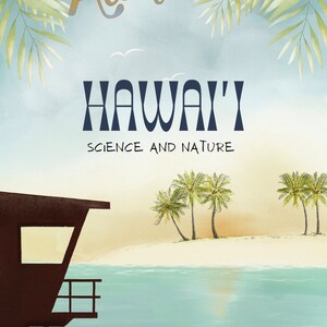 May include: A vintage-style poster with the text "Aloha Hawaii" in a bold font. The poster features a blue sky with white clouds, palm trees, and a beach scene. The text "Science and Nature" is also included.