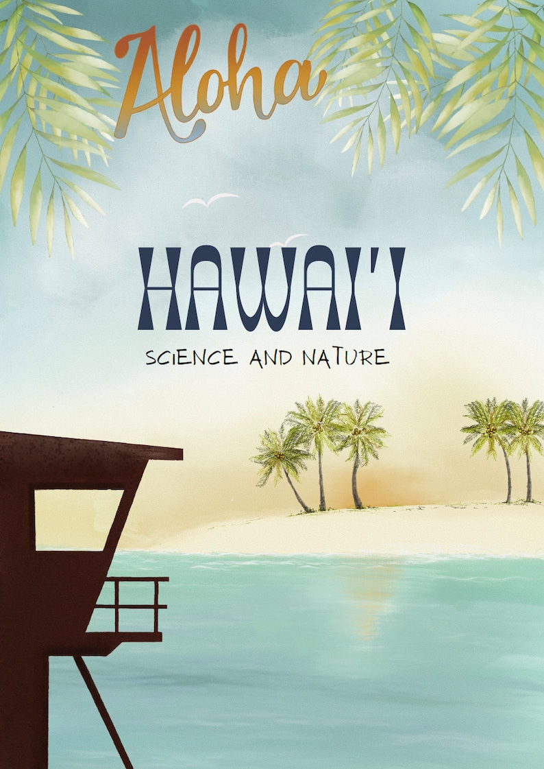 May include: A vintage-style poster with the text "Aloha Hawaii" in a bold font. The poster features a blue sky with white clouds, palm trees, and a beach scene. The text "Science and Nature" is also included.