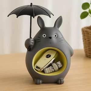 Totoro Inspired Umbrella Figurine Storage Holder – Cute Desk Organizer for Keys, Watches & Small Items – Whimsical Home Decor Gift