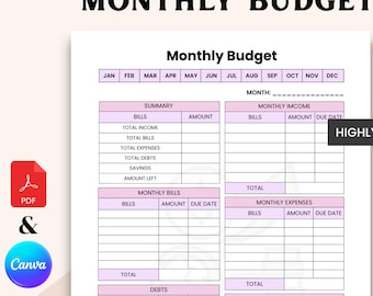 May include: A printable monthly budget planner with a light pink and white design. The planner includes sections for income, bills, expenses, and savings. The text "Monthly Budget" is at the top. Includes PDF and Canva options.
