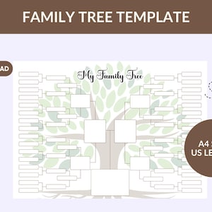 May include: A printable family tree template with a tree design and space for names. The template includes the text "Family Tree Template", "My Family Tree", and "6 Colors Included". It is available in A4 size and US Letter.