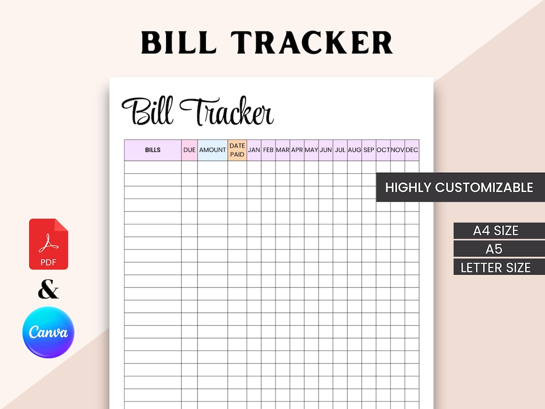 Printable Bill Tracker | Monthly Expense Organizer PDF | A4 A5 Letter ...