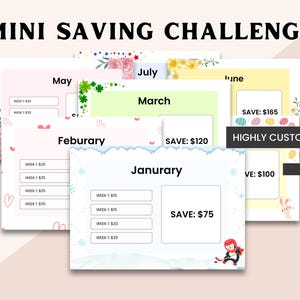 Puede incluir: Plantillas imprimibles de mini desafíos de ahorro, con diseños mensuales y elementos decorativos. Las plantillas incluyen secciones para realizar un seguimiento de los objetivos de ahorro semanales y los importes totales ahorrados. Diseño personalizable, formatos PDF y Canva.