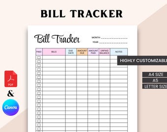 Bill Tracker Printable | Monthly Expense Tracker PDF | Budget Planner Sheet A4 A5 Letter Size
