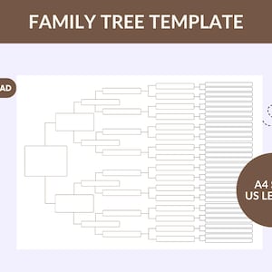 May include: A family tree template with a brown header that reads "FAMILY TREE TEMPLATE". The template includes a diagram with rectangular boxes and lines. The image also includes the text "6 COLORS INCLUDED", "A4 SIZE US LETTER", and icons for PDF and PNG downloads.