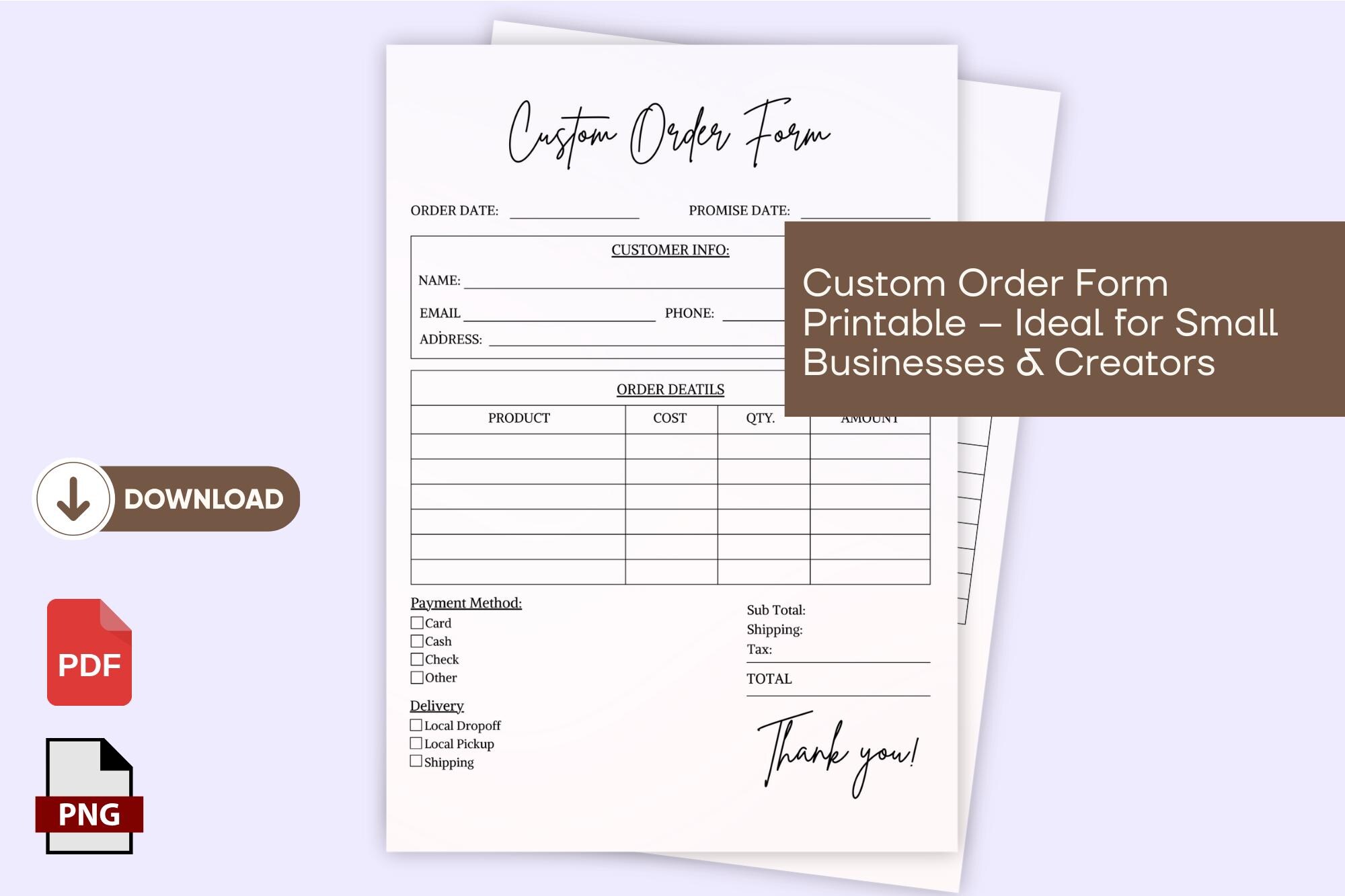 Custom Order Form Printable, Small Business Template (PDF & PNG) - Etsy