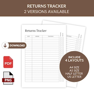 Puede incluir: Un imprimible blanco de Returns Tracker con el texto "Returns Tracker" y "2 Versions Available". Incluye un botón de descarga, iconos PDF y PNG, y un círculo marrón con "Include 4 Layouts". Disponible en tamaños A4, A5, Half Letter y US Letter.