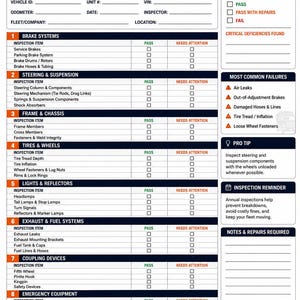 May include: A DieselEdge DOT annual inspection checklist worksheet. The black and white form includes sections for brake systems, steering, tires, lights, exhaust, and emergency equipment. It also has a section for inspector certification.