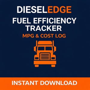 Peut inclure: Graphique bleu marine avec les mots "DIESEL EDGE FUEL EFFICIENCY TRACKER MPG & COST LOG" en blanc et orange. Un graphique de camion orange est centré sous le texte. Les mots "INSTANT DOWNLOAD" sont en bas.