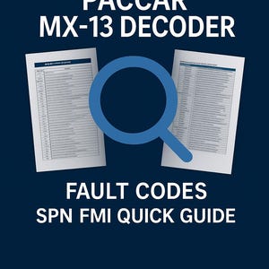 Może przedstawiać: Reklama produktu cyfrowego na ciemnoniebieskim tle. Tekst brzmi "DIESELEDGE PACCAR MX-13 DECODER" w kolorze białym i pomarańczowym. Poniżej napisano "FAULT CODES SPN FMI QUICK GUIDE" i "INSTANT DOWNLOAD". Pokazano dwa dokumenty.