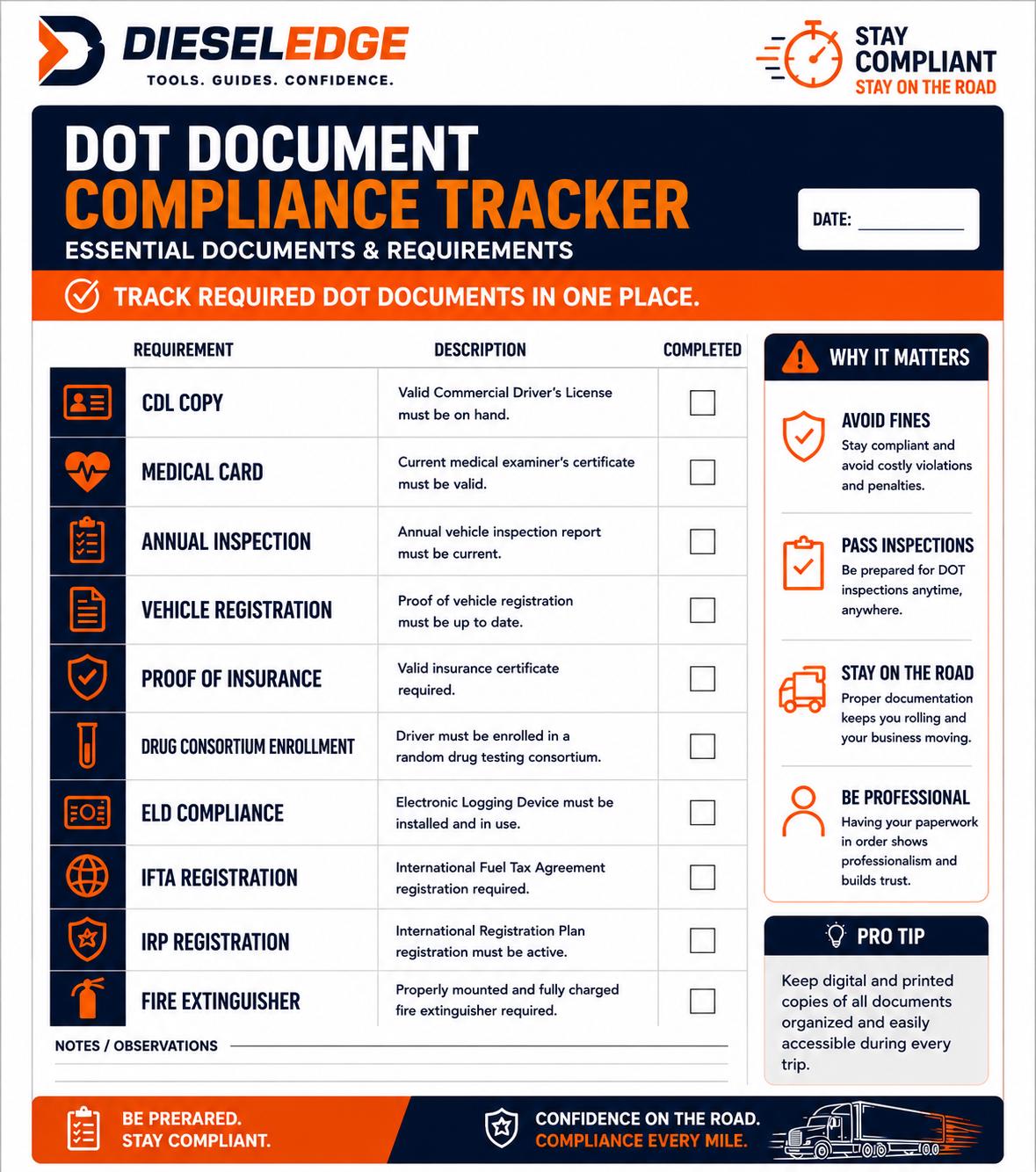 DOT Driver Vehicle Document Tracker Compliance Checklist Template for ...