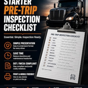Puede incluir: Anuncio de una lista de verificación previa al viaje para camiones. La imagen muestra un camión negro y una lista de verificación en un portapapeles. La lista incluye frenos, neumáticos y luces.