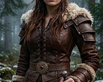 Chaqueta de armadura vikinga de cuero genuino para mujer: abrigo de guerrero medieval con ribete de piel, atuendo para LARP