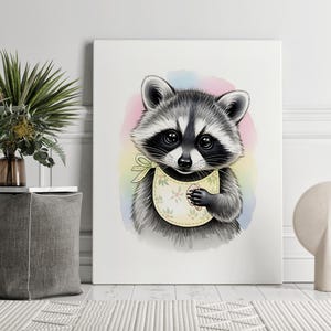 Adorable Raccoon Canvas Art PRINT | Watercolor Painting Wall Art | Cute Raccoon Portrait | Nursery Room Baby Shower GIFT IDEA | Girl Raccoon