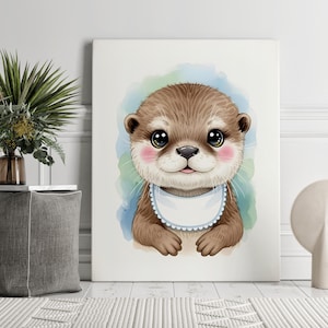 Baby Otter Canvas Art PRINT | Watercolor Painting Wall Art | Cute Otter Portrait | Nursery Room Baby Shower GIFT IDEA | Sea Otter Animal