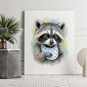 Baby Raccoon Canvas Art PRINT | Watercolor Painting Wall Art | Cute Raccoon Portrait | Nursery Room Baby Shower GIFT IDEA | Boy Raccoon