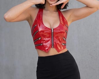 Glossy Faux Leather Halter Crop Top | Zipper Vest Festival Outfit