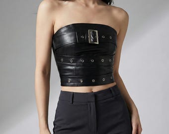 Strapless Faux Leather Corset Top | Women Gothic Punk Tube Top | Belt Detail Trendy Streetwear