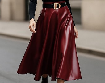 Women High End PU Leather Midi Skirt | Elegant A-Line Flowy Skirt | Chic Party Outfit