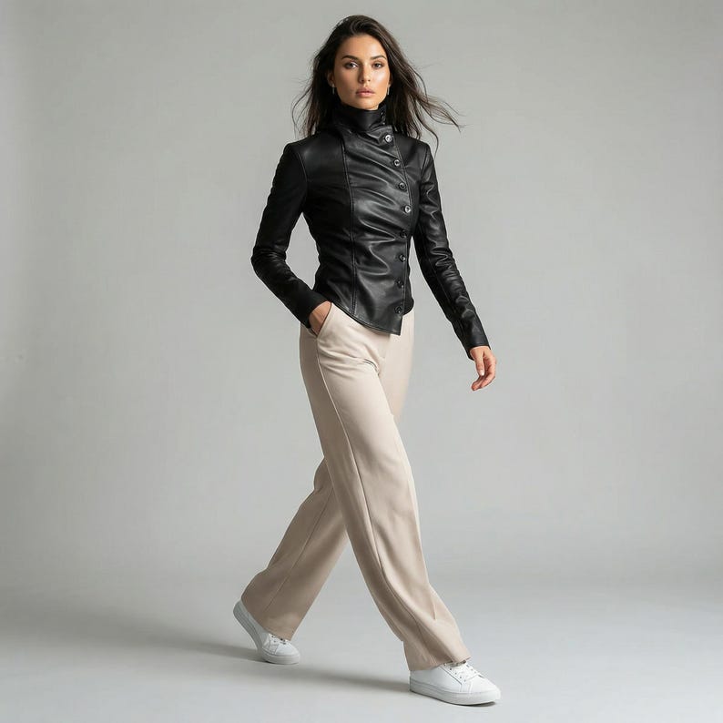 May include: A black leather jacket with a high collar and button closure. The jacket is paired with beige pants and white sneakers. The outfit is a modern, stylish ensemble.
