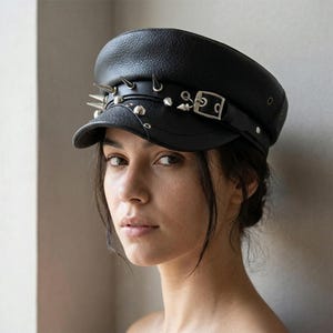 Gucci Black Pebbled Leather Studded Baker Cap Gucci leather cap - Gem main image 3