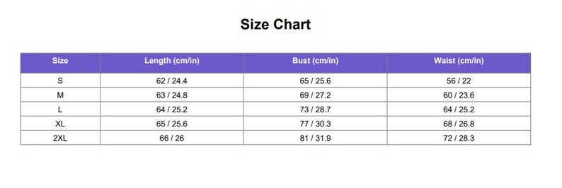 May include: A size chart with measurements in both centimeters and inches. The chart includes sizes S, M, L, XL, and 2XL, with corresponding bust, waist, and length measurements. The text "Size Chart" is at the top.