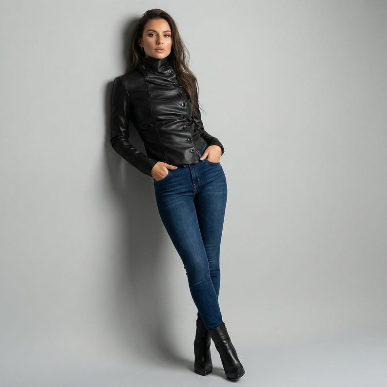 May include: A black leather jacket with a high collar and button details. The jacket is paired with dark blue jeans and black ankle boots. The model is leaning against a gray wall.