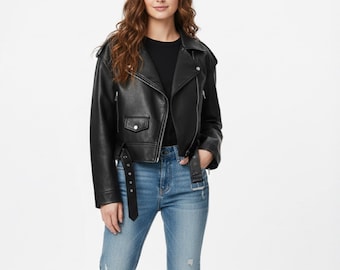 Damen schwarze Kunstleder Bikerjacke - Slim Fit Moto Jacke