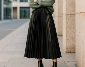 Jupe Plissée Longue En Cuir Synthétique - Taille Haute, Couleur Unie - Confortable, élégante, Pour Sortie Ou Quotidien