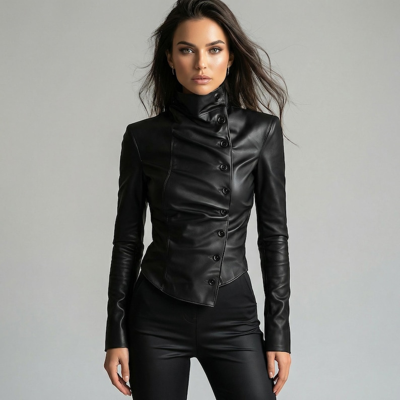 May include: A black leather jacket with a high, buttoned collar and long sleeves. The jacket has a fitted silhouette and a series of buttons down the front. The model is wearing black leather pants. The background is a solid gray.