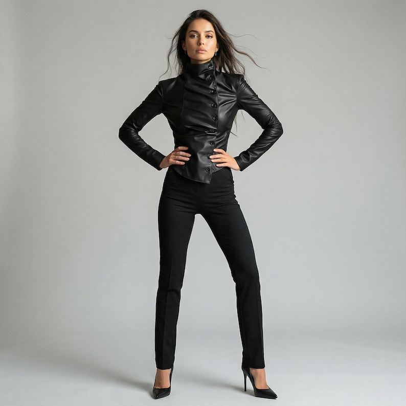May include: A black leather jacket with a high collar and button closure, paired with black trousers. The jacket has long sleeves and a fitted silhouette. The trousers are straight-legged. The outfit is completed with black high-heeled shoes.
