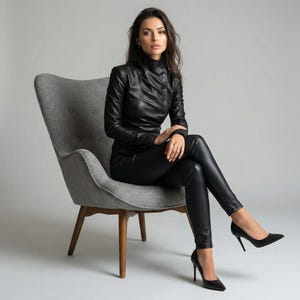 May include: A person wearing a black leather jacket with a high collar and matching black leather pants. The person is seated in a gray armchair, wearing black high heels. The outfit is sleek and modern.