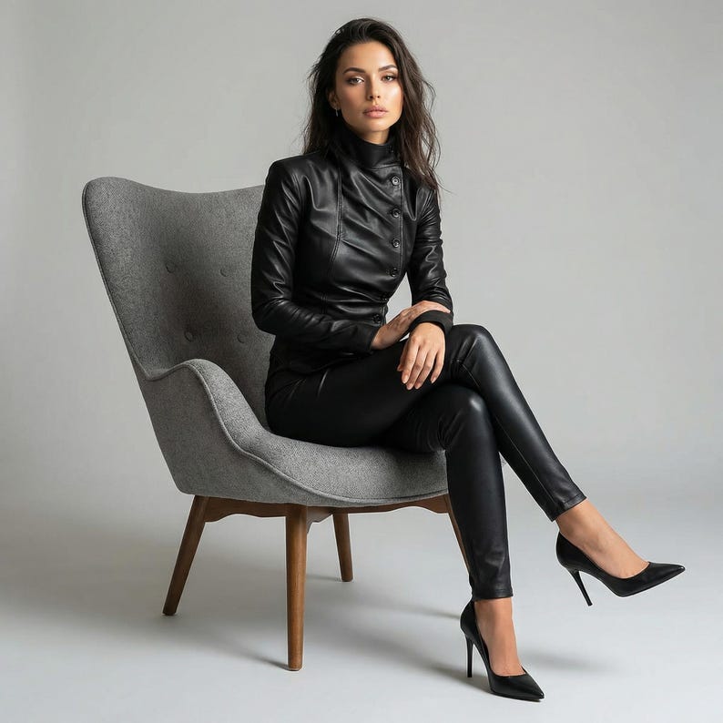 May include: A person wearing a black leather jacket with a high collar and matching black leather pants. The person is seated in a gray armchair, wearing black high heels. The outfit is sleek and modern.