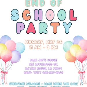 End of School Party Invitation | Editable Summer Celebration Digital Invite | Last Day of School Printable Template