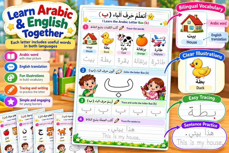 Arabic Alphabet Worksheets for Kids, Arabic English Tracing Workbook
