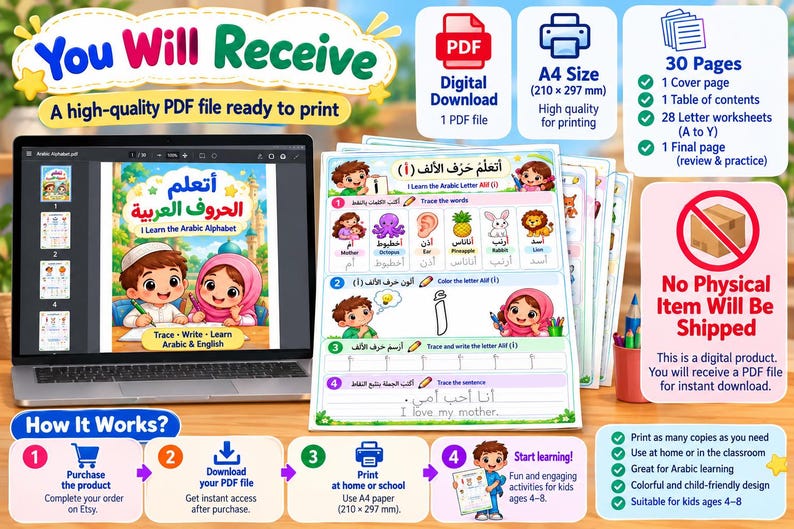 Arabic Alphabet Worksheets for Kids, Arabic English Tracing Workbook