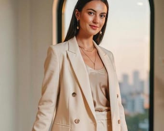 Kremowy damski komplet marynarski, dwurzędowa marynarka biurowa i spodnie, garnitur biznesowy casual, elegancki formalny zestaw