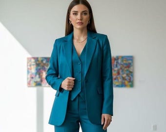 Eleganz in Petrol: Blauer 3-Teiler im Modern Power Suit Style