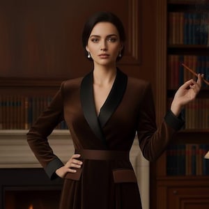 May include: A brown velvet dress with a black lapel and trim. The dress features a wrap-style design, a fitted waist, and pockets. The woman in the image is holding a cigarette in a holder. The background includes a fireplace and a bookshelf.