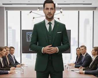 Traje verde de 3 piezas para hombre, esmoquin de boda de 3 piezas, corte entallado