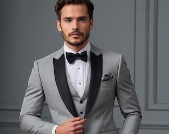 Men's Slim Fit Light Grey Tuxedo – Black Lapel, Custom Wedding Suit